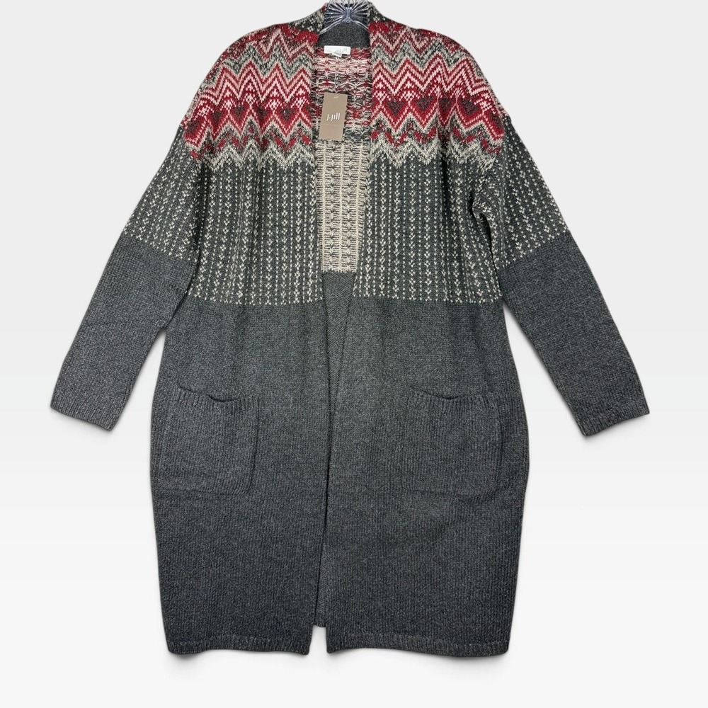 J. Jill Cardigan Sweater Fair Isle Longline Womens M Grey Red Multi NWT $139